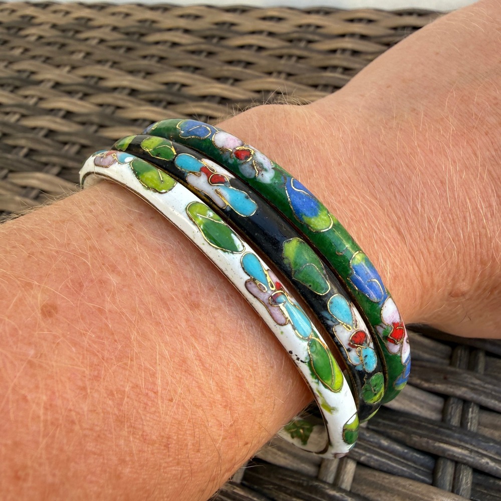 Vintage Cloisonne Bangle Bracelets Set of 3 Floral Enamel Green Black White